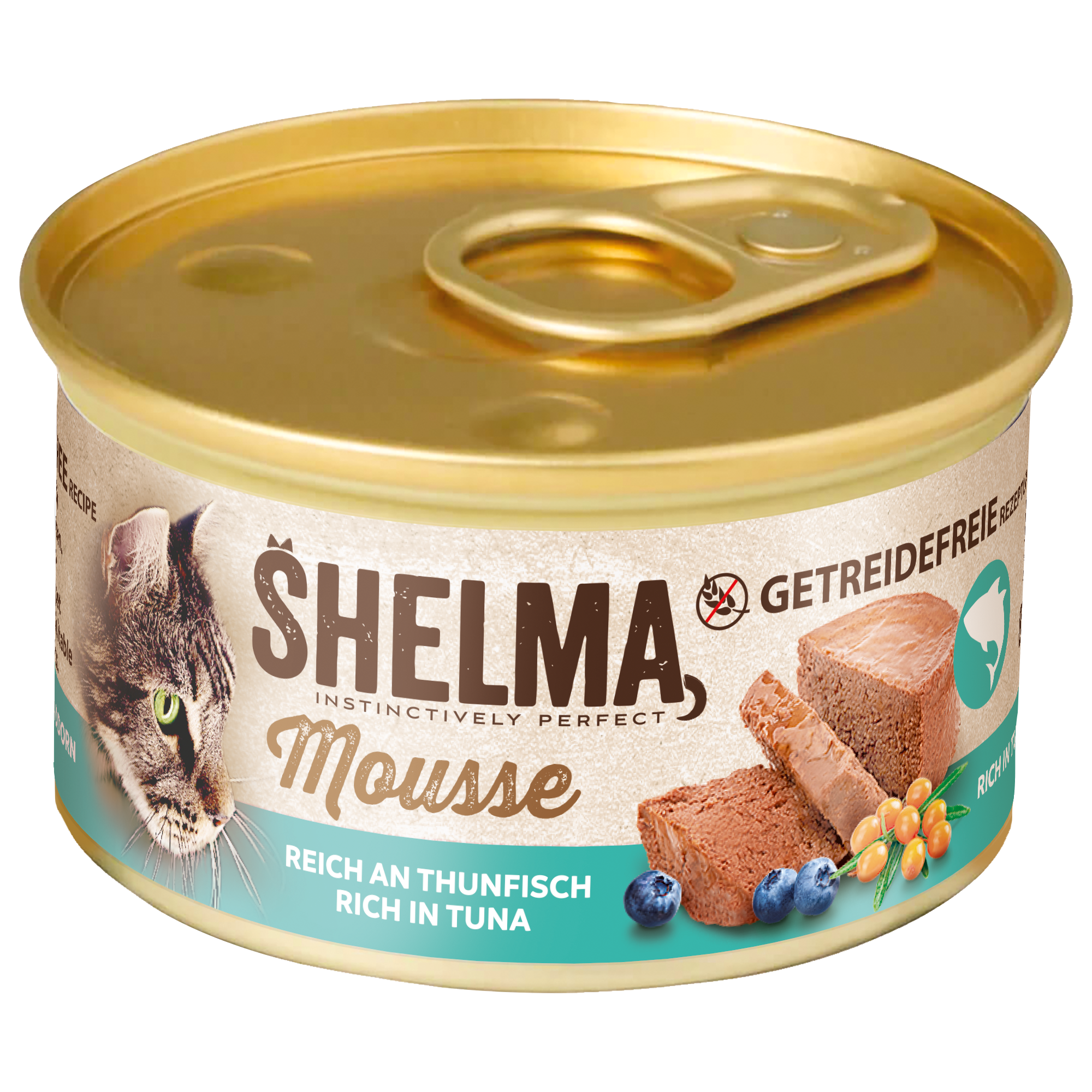 Mousse für Katzen, reich an Thunfisch mit Heidelbeeren und Sanddorn